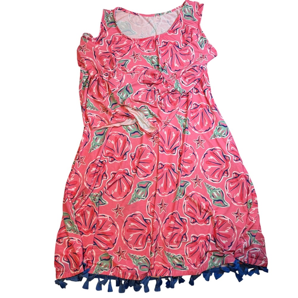 Simply Southern Pink Seashell Starfish Cold Shoulder Tassel Hem Dress large